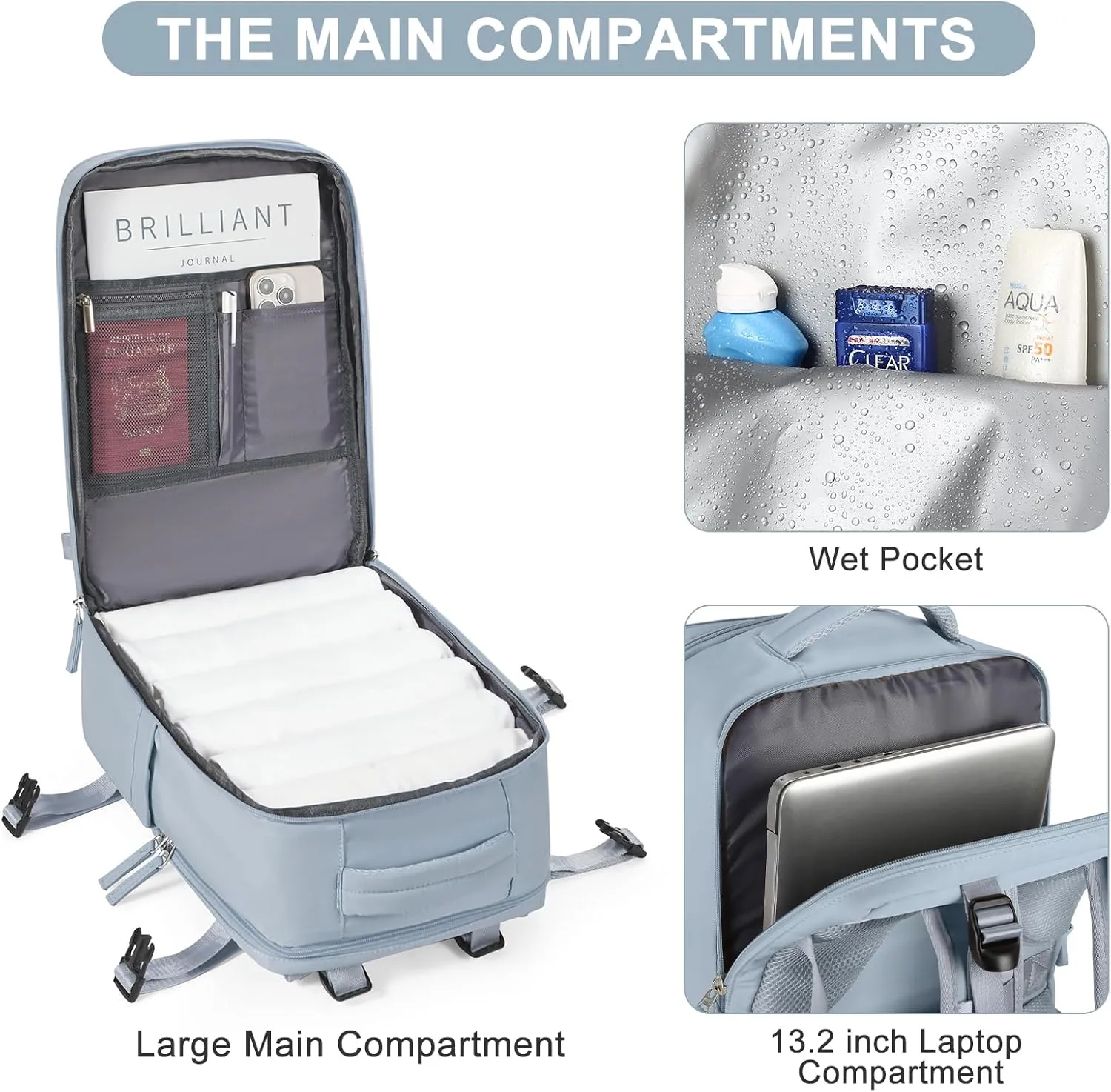 coofay Travel Backpack Carry on Flight Approved Mochila De Viaje Carry on Backpack for Airplanes Spirit Airlines Personal Item Bag 18x14x8 Inches Travel Bag Traveling Backpack for Women Men Grey Blue