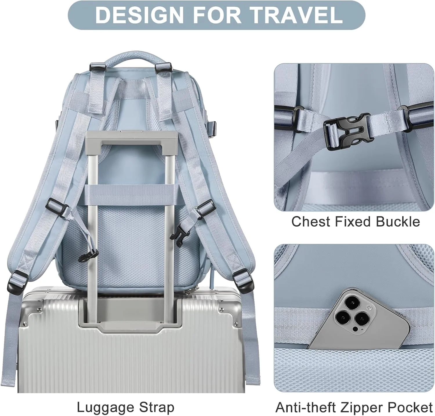coofay Travel Backpack Carry on Flight Approved Mochila De Viaje Carry on Backpack for Airplanes Spirit Airlines Personal Item Bag 18x14x8 Inches Travel Bag Traveling Backpack for Women Men Grey Blue