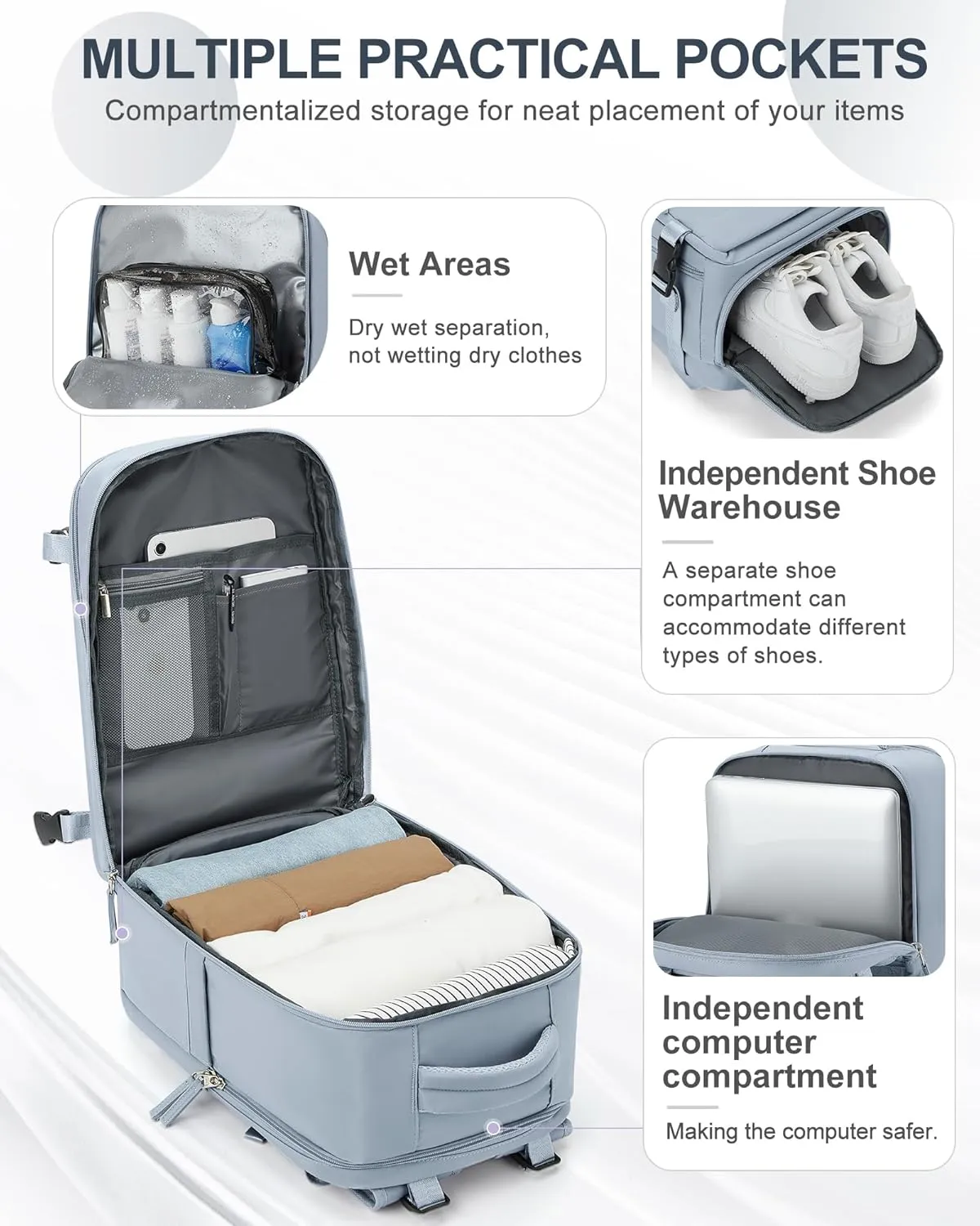coowoz Travel Backpack Carry On for Women Man Gym Backpack with Laptop Compartment Mochila de Viaje Teacher Personal Item Backpack Rucksack Airplane Accessories Must Haves Grey Blue Small