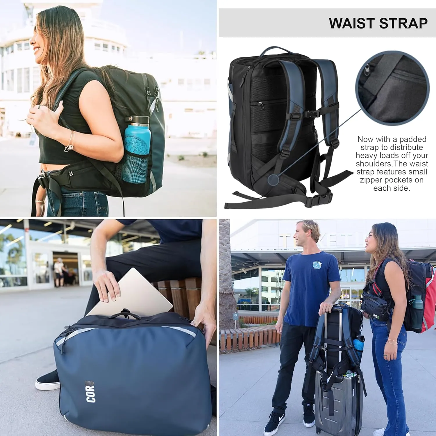 COR Surf Carry On Travel Backpack Bundle | Island Hopper Travel Backpack with Toiletry Bag and Compression Packing Cube Set (40L, Green)