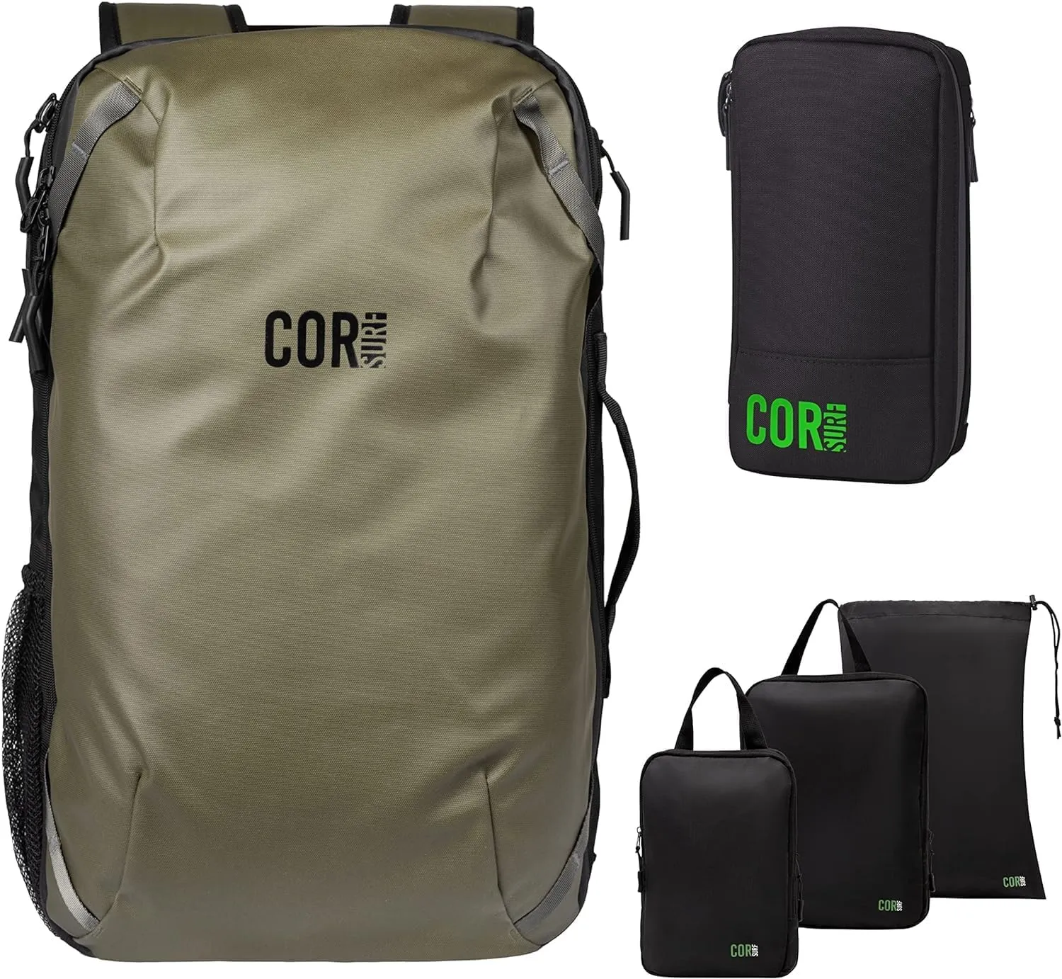 COR Surf Carry On Travel Backpack Bundle | Island Hopper Travel Backpack with Toiletry Bag and Compression Packing Cube Set (40L, Green)
