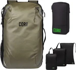 COR Surf Carry On Travel Backpack Bundle | Island Hopper Travel Backpack with Toiletry Bag and Compression Packing Cube Set (40L, Green)