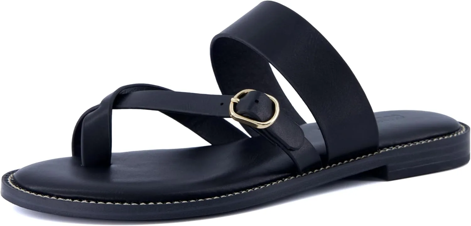 CUSHIONAIRE Laws Women’s Flat Sandal – Faux Leather Slip-On with Toe Loop, Adjustable Buckle & Cushioned Footbed