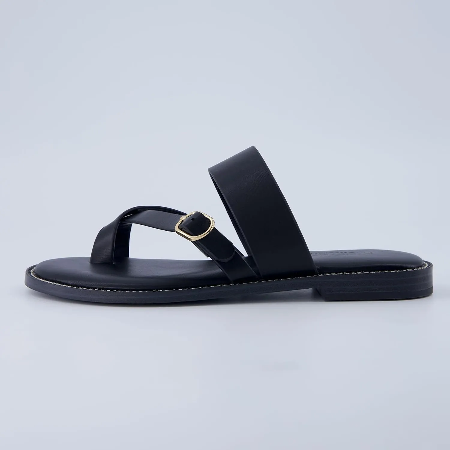 CUSHIONAIRE Laws Women’s Flat Sandal – Faux Leather Slip-On with Toe Loop, Adjustable Buckle & Cushioned Footbed