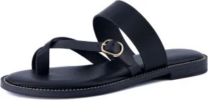 CUSHIONAIRE Laws Women’s Flat Sandal – Faux Leather Slip-On with Toe Loop, Adjustable Buckle & Cushioned Footbed