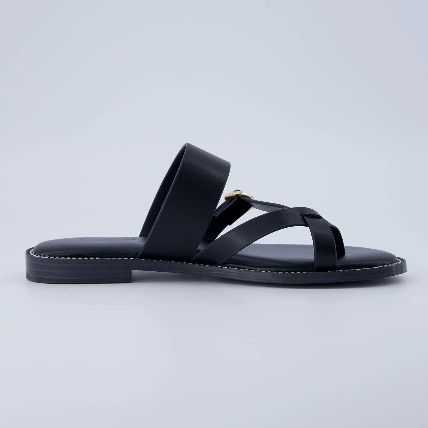 CUSHIONAIRE Laws Women’s Flat Sandal – Faux Leather Slip-On with Toe Loop, Adjustable Buckle & Cushioned Footbed