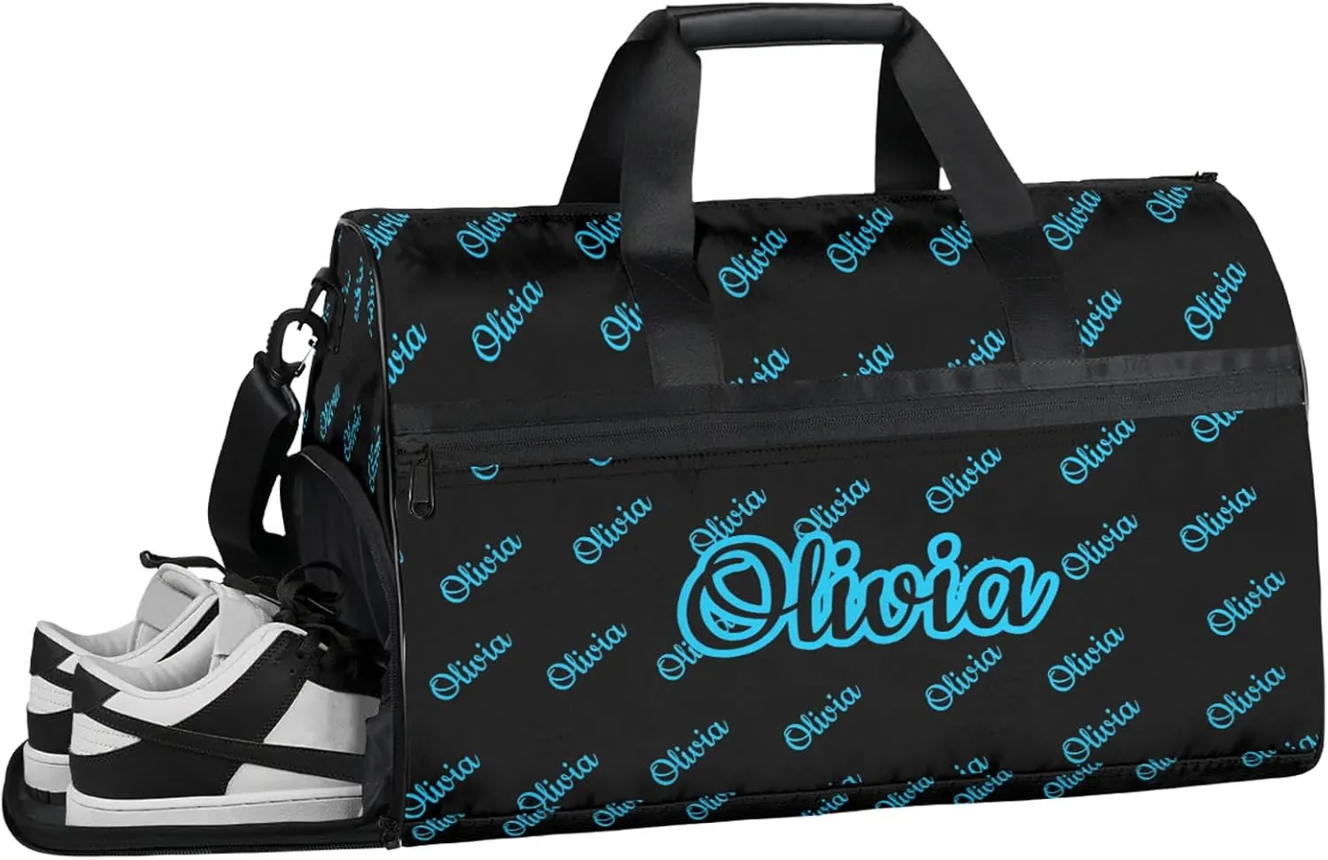 Custom Sport Duffel Bags with Shoe Compartment Personalized Name Travel Overnight Bag Waterproof Dance Bag Lightweight Carry-On Tote for Women Men, Black Blue