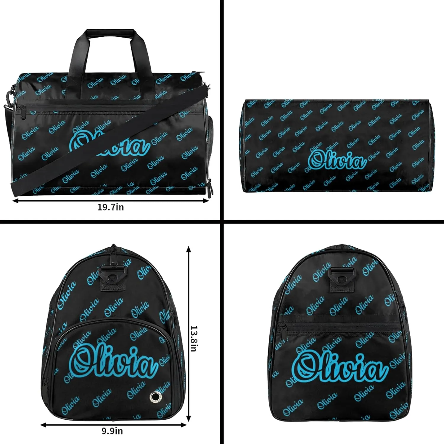 Custom Sport Duffel Bags with Shoe Compartment Personalized Name Travel Overnight Bag Waterproof Dance Bag Lightweight Carry-On Tote for Women Men, Black Blue
