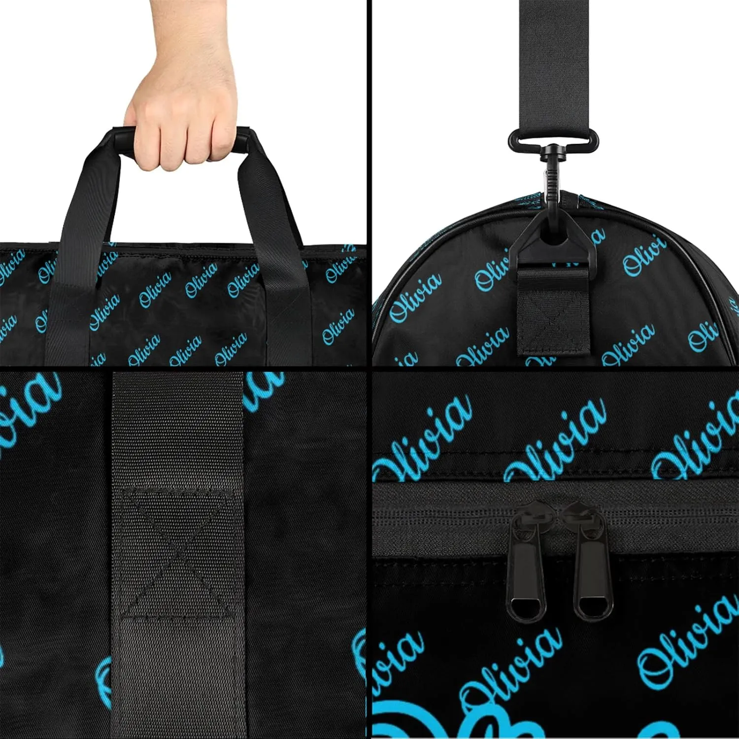 Custom Sport Duffel Bags with Shoe Compartment Personalized Name Travel Overnight Bag Waterproof Dance Bag Lightweight Carry-On Tote for Women Men, Black Blue