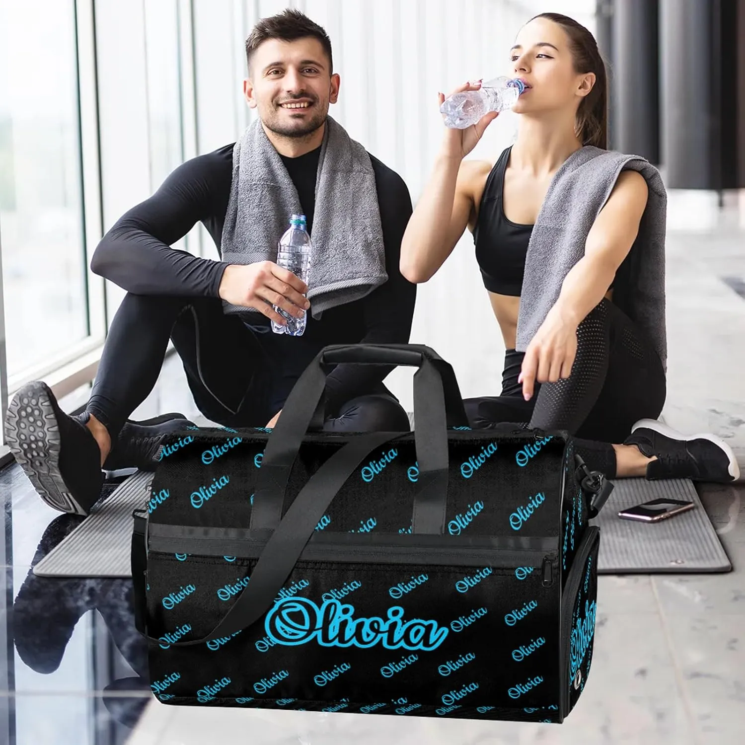 Custom Sport Duffel Bags with Shoe Compartment Personalized Name Travel Overnight Bag Waterproof Dance Bag Lightweight Carry-On Tote for Women Men, Black Blue