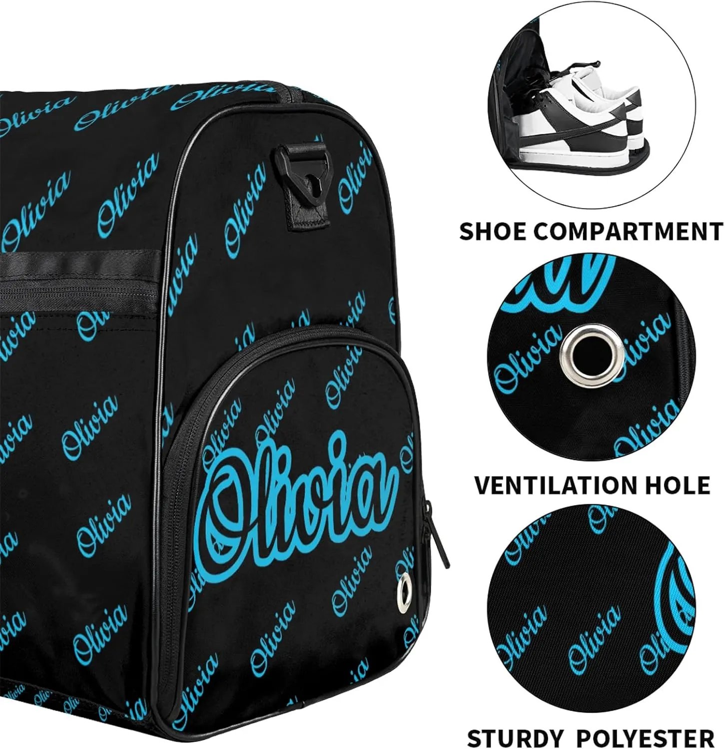 Custom Sport Duffel Bags with Shoe Compartment Personalized Name Travel Overnight Bag Waterproof Dance Bag Lightweight Carry-On Tote for Women Men, Black Blue