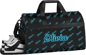 Custom Sport Duffel Bags with Shoe Compartment Personalized Name Travel Overnight Bag Waterproof Dance Bag Lightweight Carry-On Tote for Women Men, Black Blue