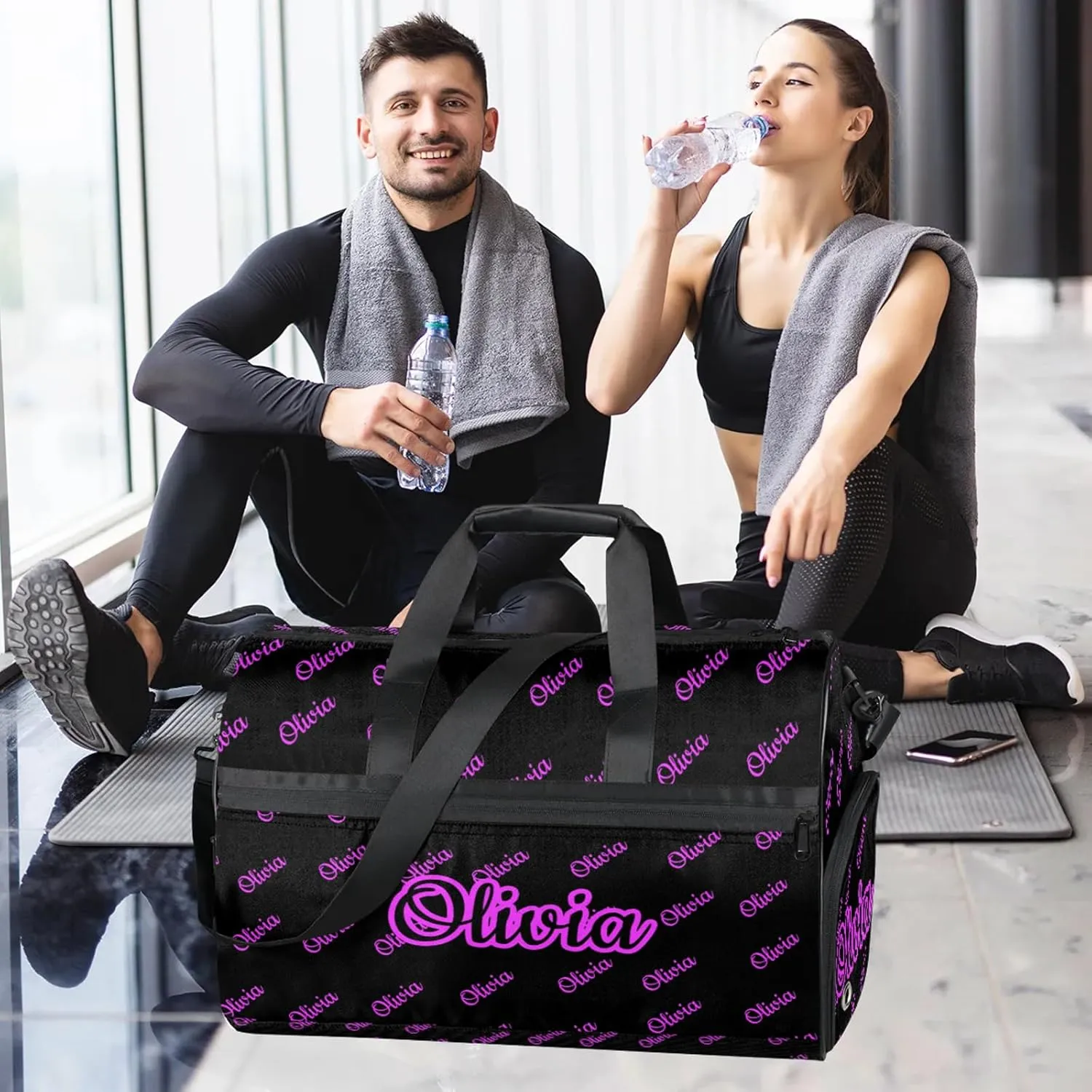 Custom Sport Duffel Bags with Shoe Compartment Personalized Name Travel Overnight Bag Waterproof Dance Bag Lightweight Carry-On Tote for Women Men, Black Pink