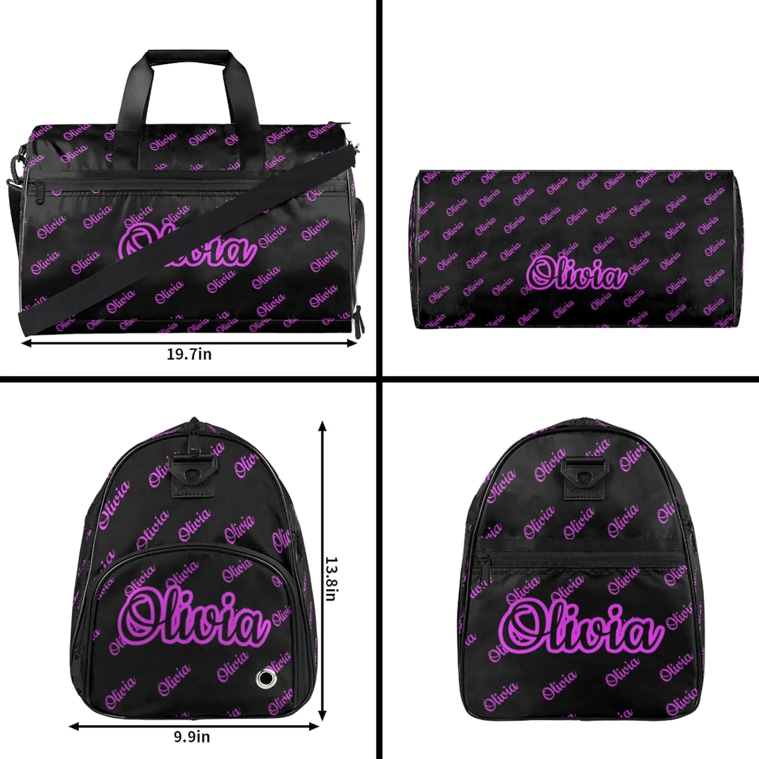 Custom Sport Duffel Bags with Shoe Compartment Personalized Name Travel Overnight Bag Waterproof Dance Bag Lightweight Carry-On Tote for Women Men, Black Pink