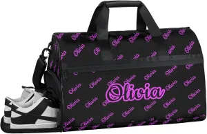 Custom Sport Duffel Bags with Shoe Compartment Personalized Name Travel Overnight Bag Waterproof Dance Bag Lightweight Carry-On Tote for Women Men, Black Pink