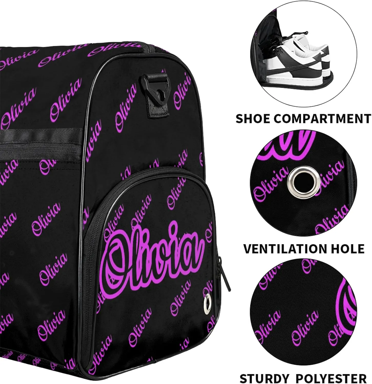 Custom Sport Duffel Bags with Shoe Compartment Personalized Name Travel Overnight Bag Waterproof Dance Bag Lightweight Carry-On Tote for Women Men, Black Pink