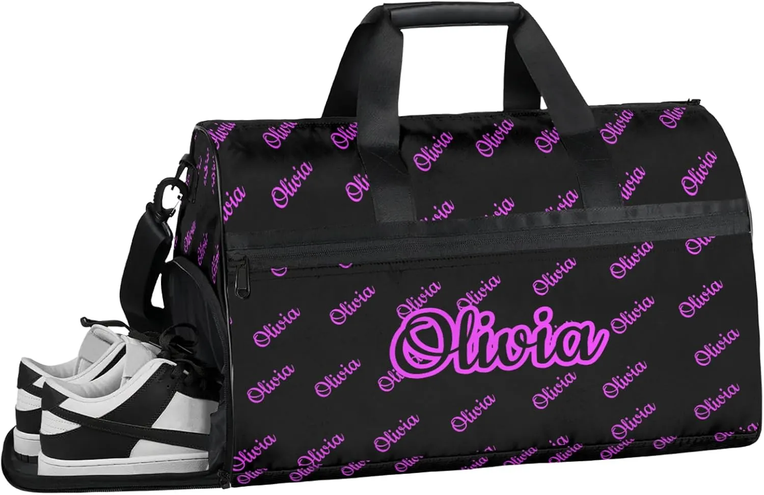 Custom Sport Duffel Bags with Shoe Compartment Personalized Name Travel Overnight Bag Waterproof Dance Bag Lightweight Carry-On Tote for Women Men, Black Pink