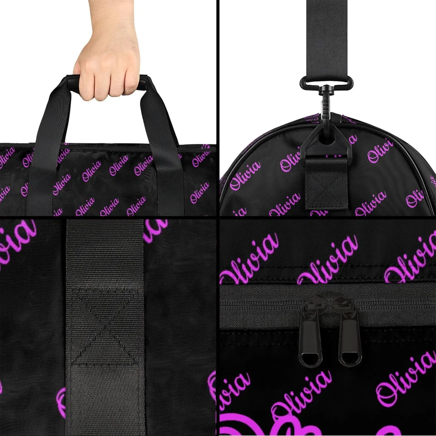 Custom Sport Duffel Bags with Shoe Compartment Personalized Name Travel Overnight Bag Waterproof Dance Bag Lightweight Carry-On Tote for Women Men, Black Pink