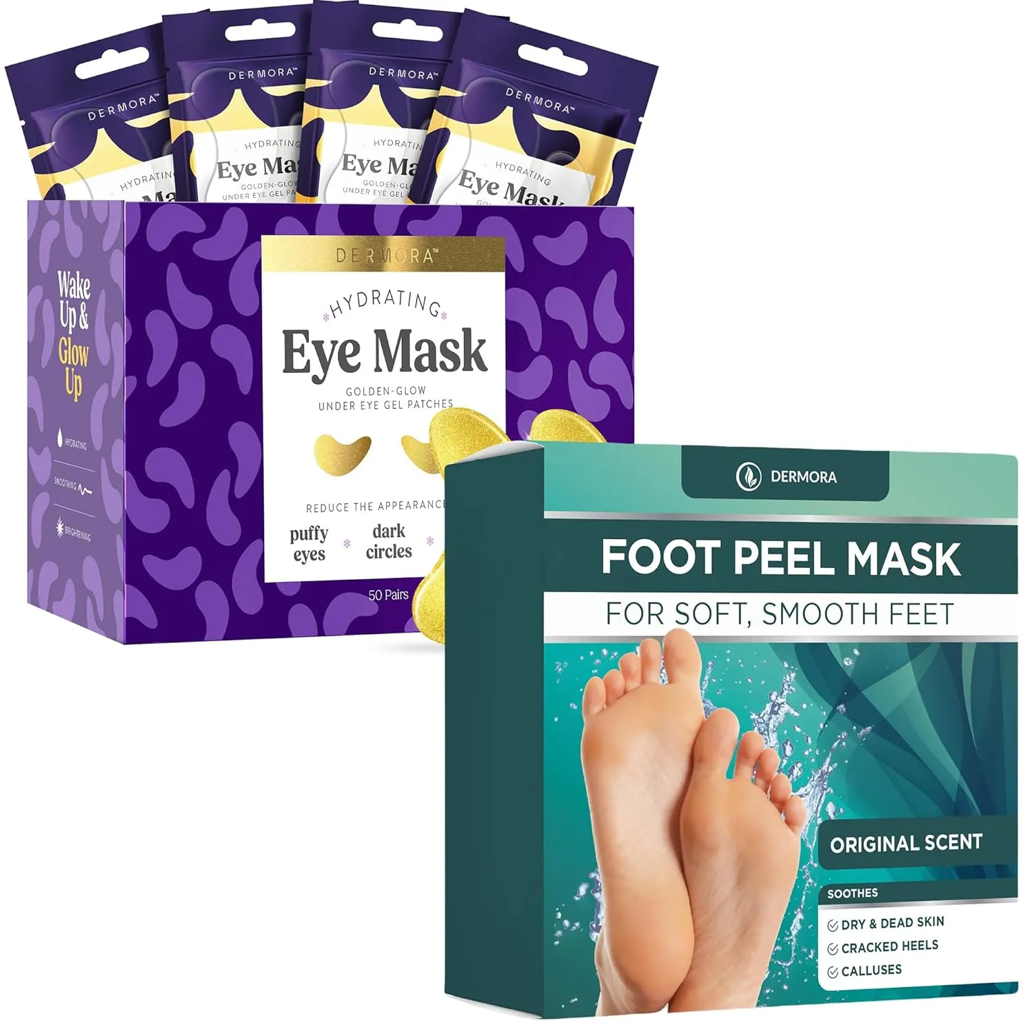 DERMORA Golden Glow Under Eye Patches 50 Pairs and Original Foot Peel Masks 2 Pack