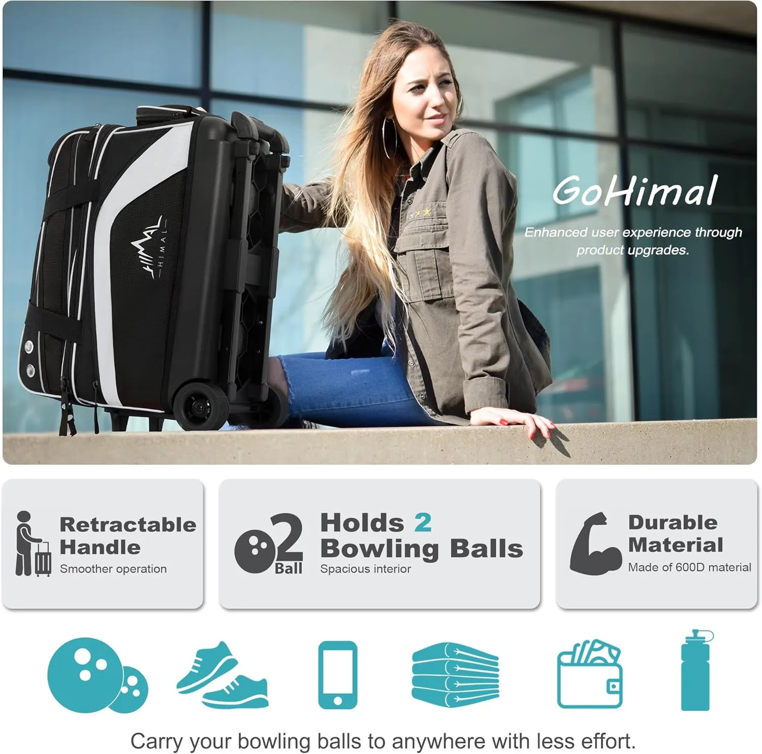 Double Roller 2 Ball Bowling Bag with Separate Shoe Compartment for Bowling Shoes (Up To US Men Size 15) and Abundant multifunction Accessory Pocket, Upgraded fabric, Retractable Handle - Extends to 40"