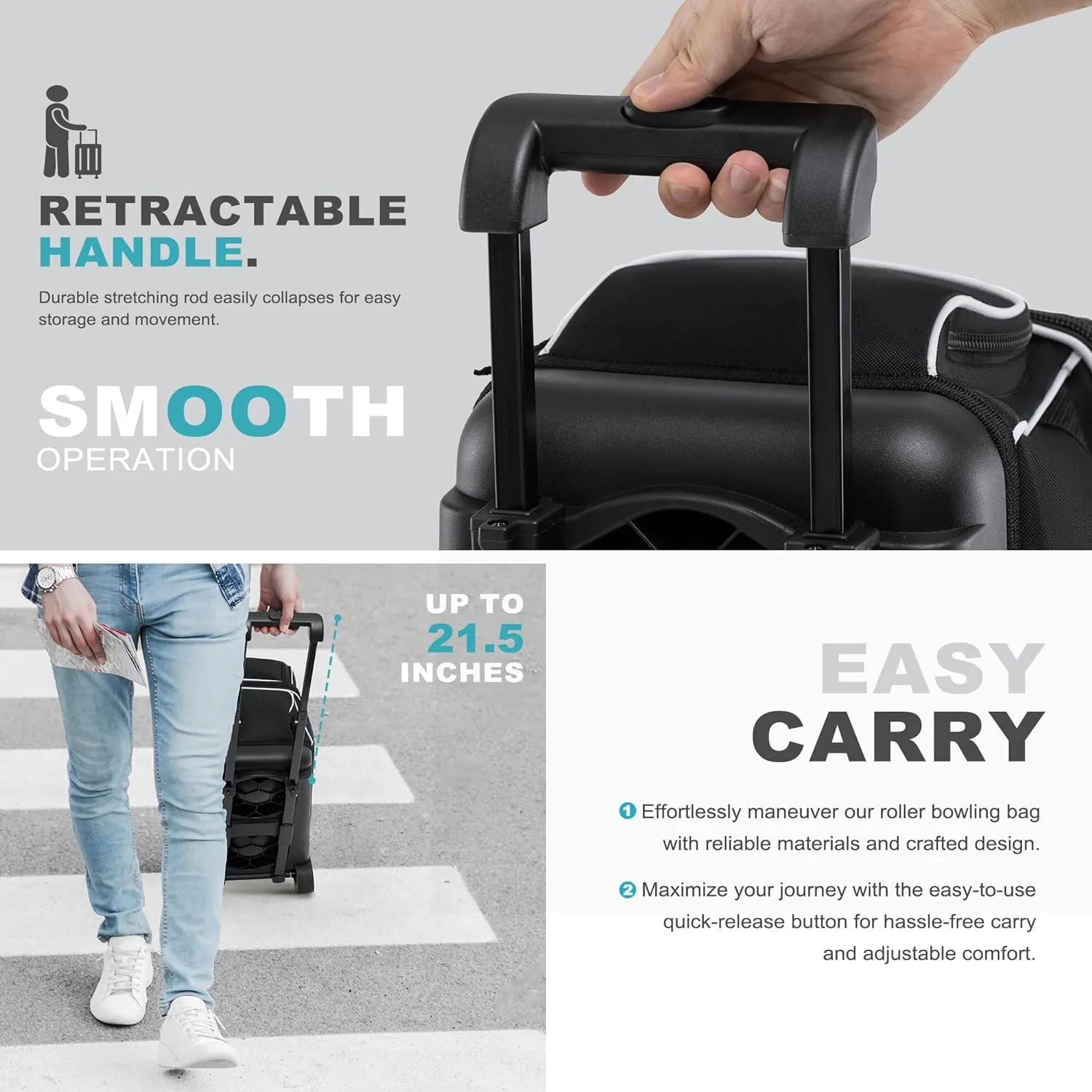 Double Roller 2 Ball Bowling Bag with Separate Shoe Compartment for Bowling Shoes (Up To US Men Size 15) and Abundant multifunction Accessory Pocket, Upgraded fabric, Retractable Handle - Extends to 40"