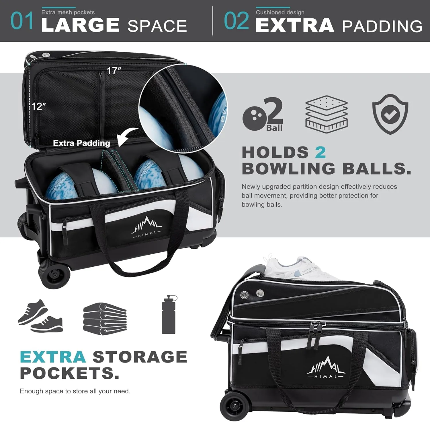 Double Roller 2 Ball Bowling Bag with Separate Shoe Compartment for Bowling Shoes (Up To US Men Size 15) and Abundant multifunction Accessory Pocket, Upgraded fabric, Retractable Handle - Extends to 40"