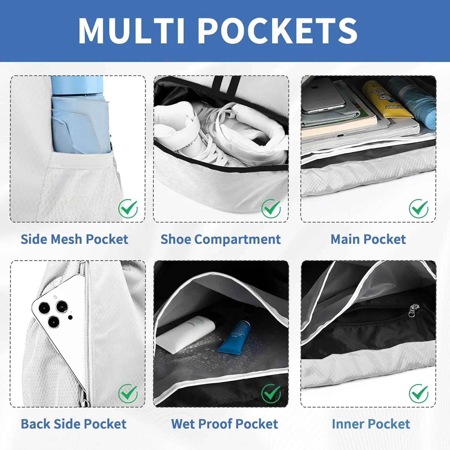 Drawstring Backpack Gym Bag with Shoes Compartment for Soccer, Basketball, Swim, Water-Resistant String Backpack Beach Cinch for Women Men, White