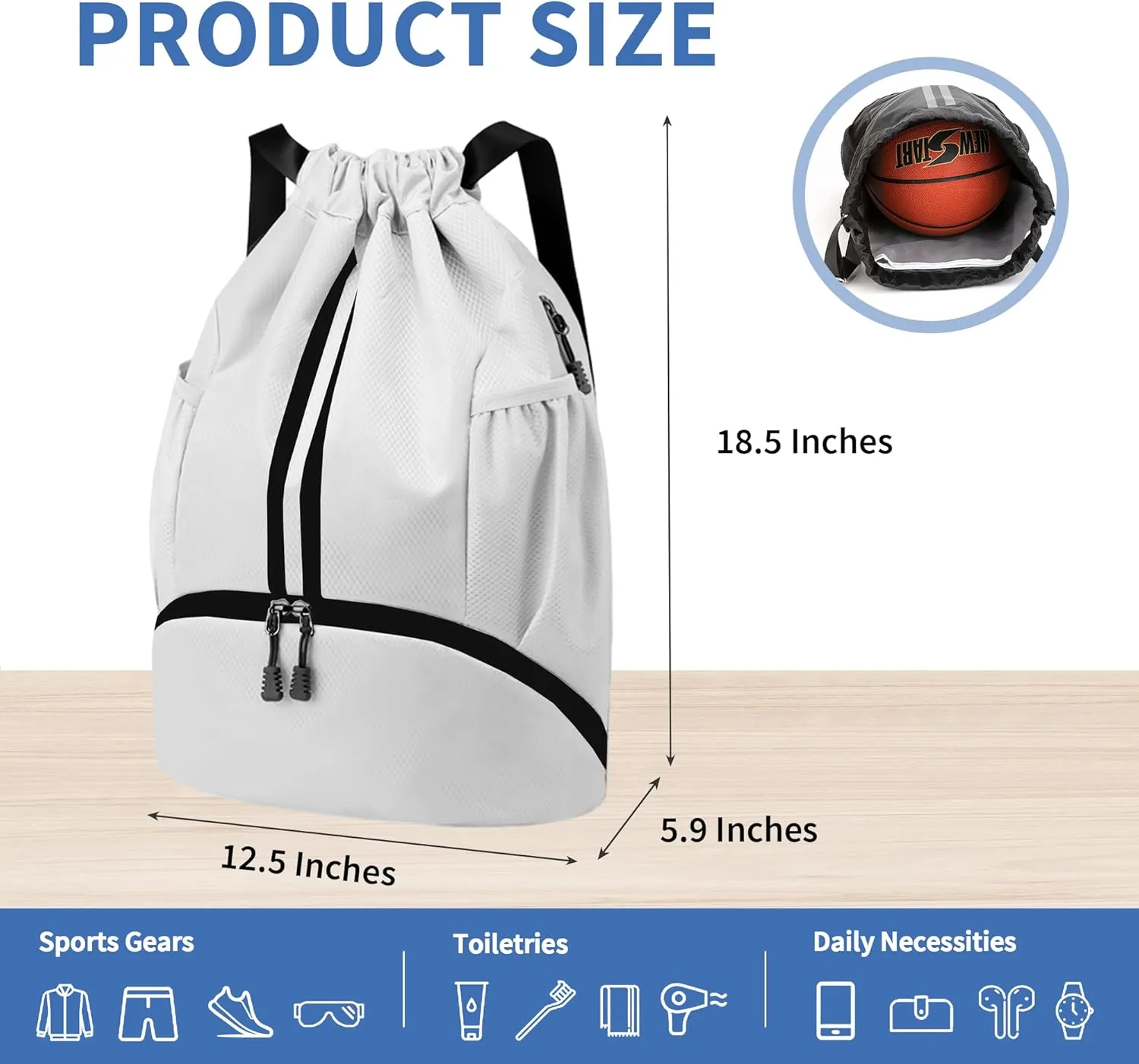 Drawstring Backpack Gym Bag with Shoes Compartment for Soccer, Basketball, Swim, Water-Resistant String Backpack Beach Cinch for Women Men, White