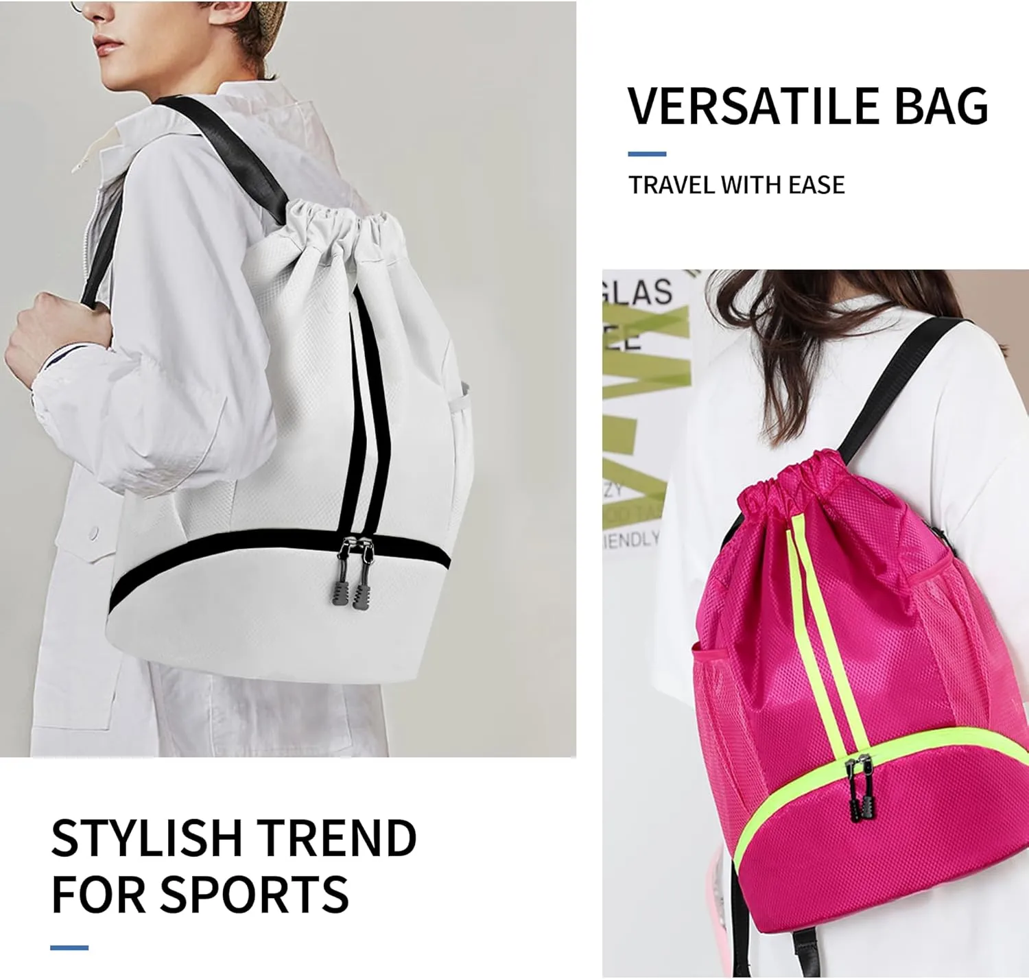 Drawstring Backpack Gym Bag with Shoes Compartment for Soccer, Basketball, Swim, Water-Resistant String Backpack Beach Cinch for Women Men, White
