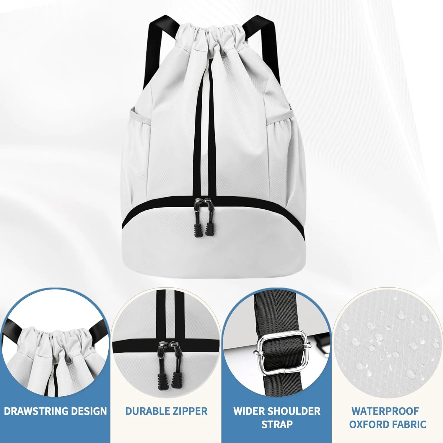 Drawstring Backpack Gym Bag with Shoes Compartment for Soccer, Basketball, Swim, Water-Resistant String Backpack Beach Cinch for Women Men, White