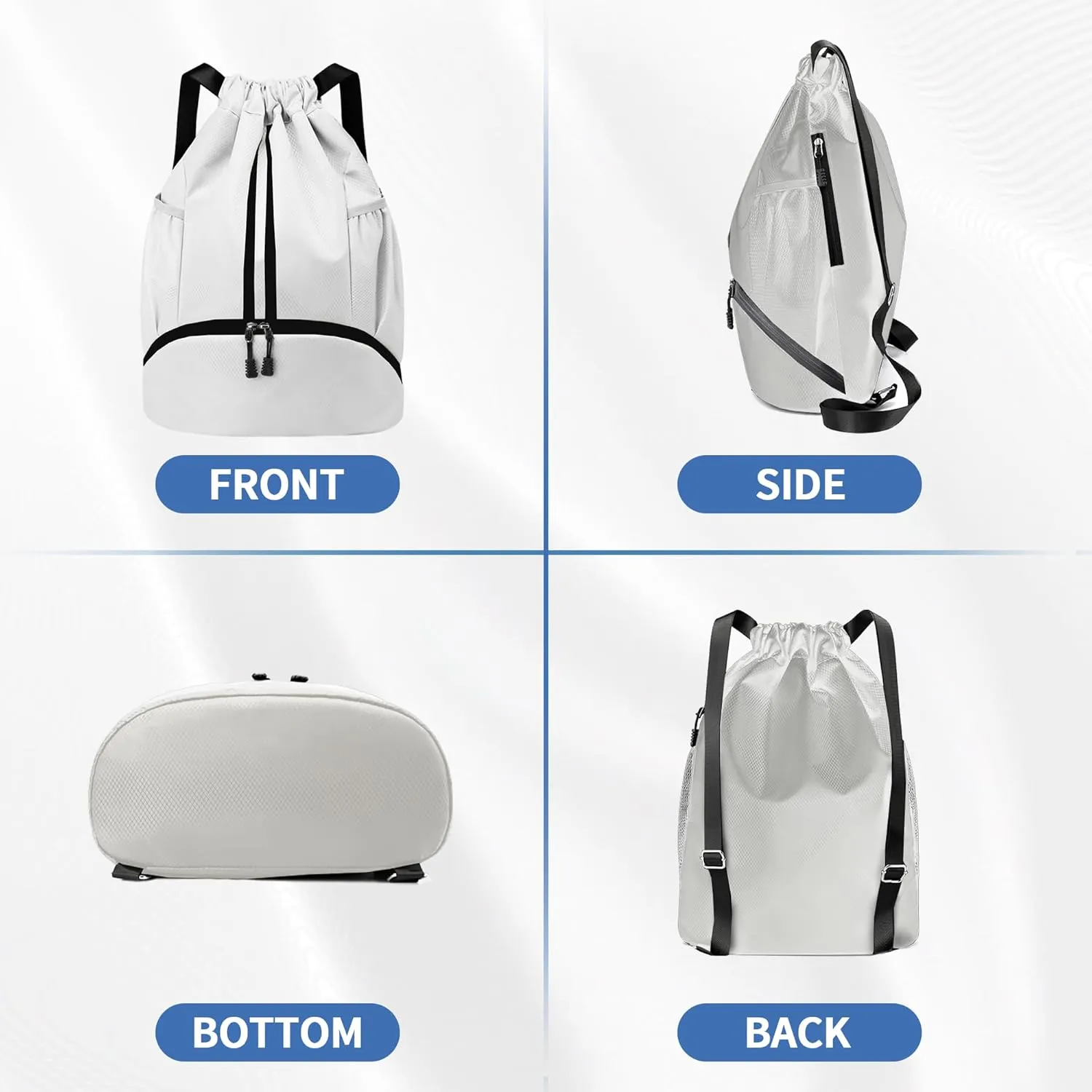 Drawstring Backpack Gym Bag with Shoes Compartment for Soccer, Basketball, Swim, Water-Resistant String Backpack Beach Cinch for Women Men, White