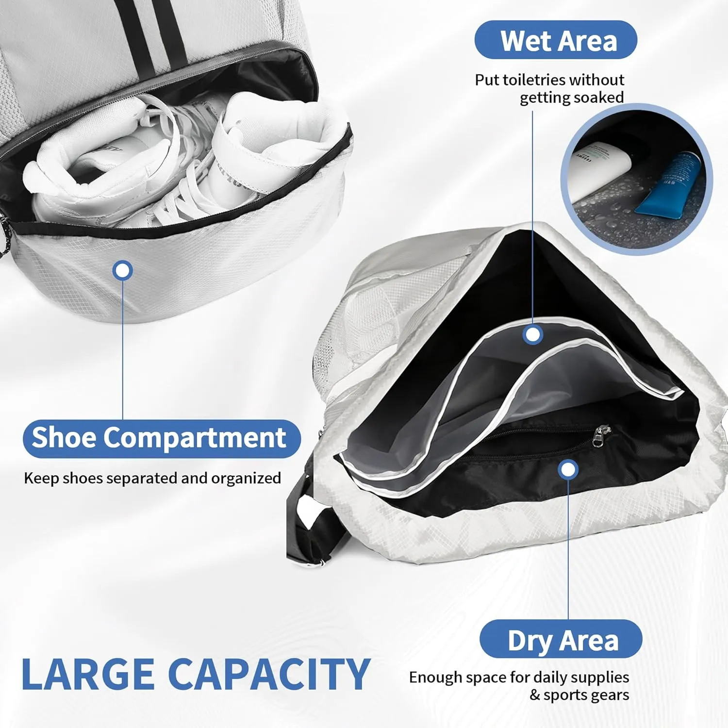 Drawstring Backpack Gym Bag with Shoes Compartment for Soccer, Basketball, Swim, Water-Resistant String Backpack Beach Cinch for Women Men, White