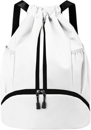 Drawstring Backpack Gym Bag with Shoes Compartment for Soccer, Basketball, Swim, Water-Resistant String Backpack Beach Cinch for Women Men, White