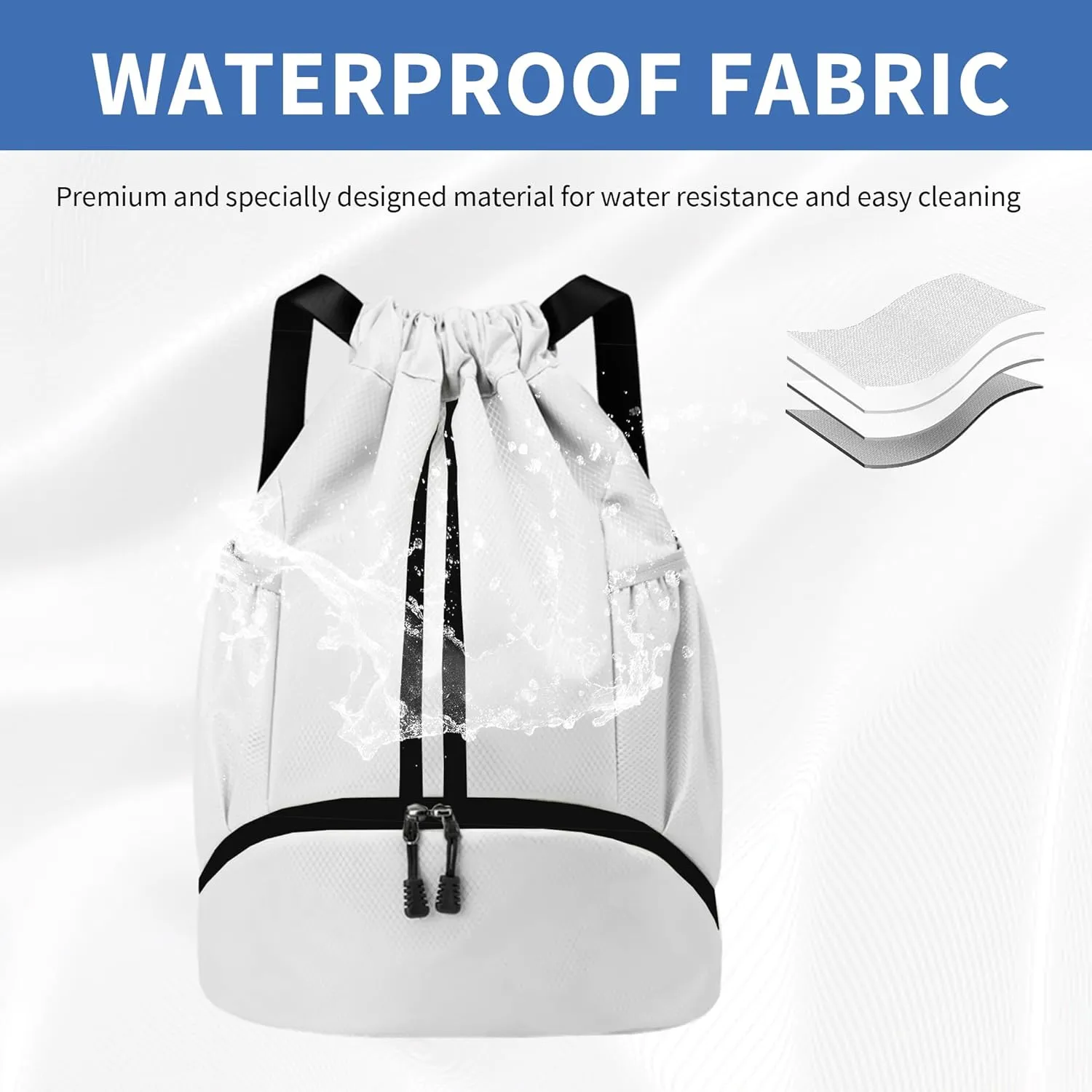 Drawstring Backpack Gym Bag with Shoes Compartment for Soccer, Basketball, Swim, Water-Resistant String Backpack Beach Cinch for Women Men, White