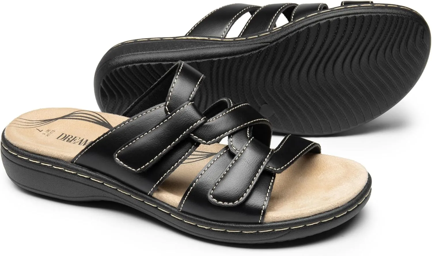 DREAM PAIRS Womens Slides Arch Support Slip on Flat Sandals Comfort Plantar Fasciitis Soft Cushion Slippers With Adjustable Straps
