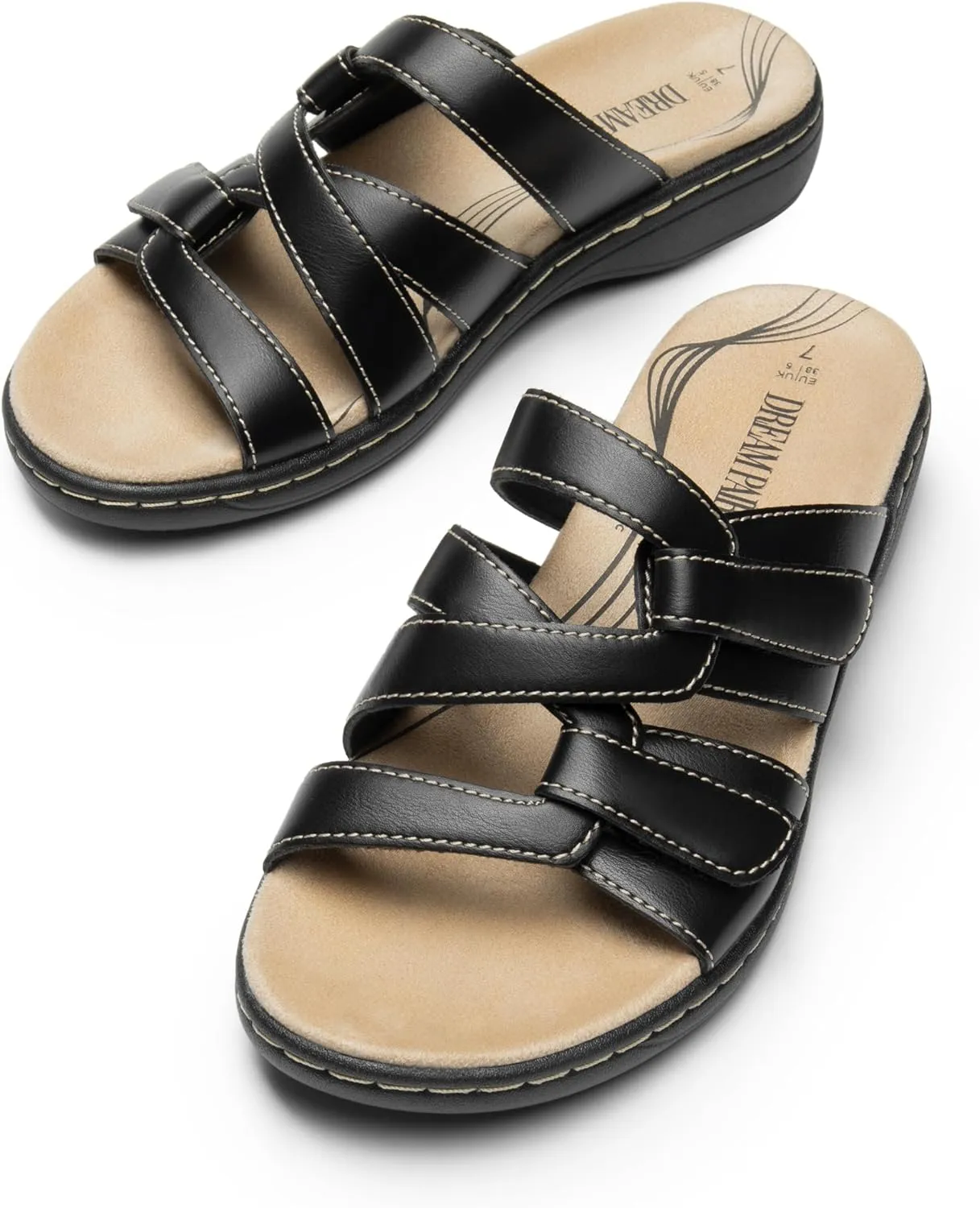 DREAM PAIRS Womens Slides Arch Support Slip on Flat Sandals Comfort Plantar Fasciitis Soft Cushion Slippers With Adjustable Straps