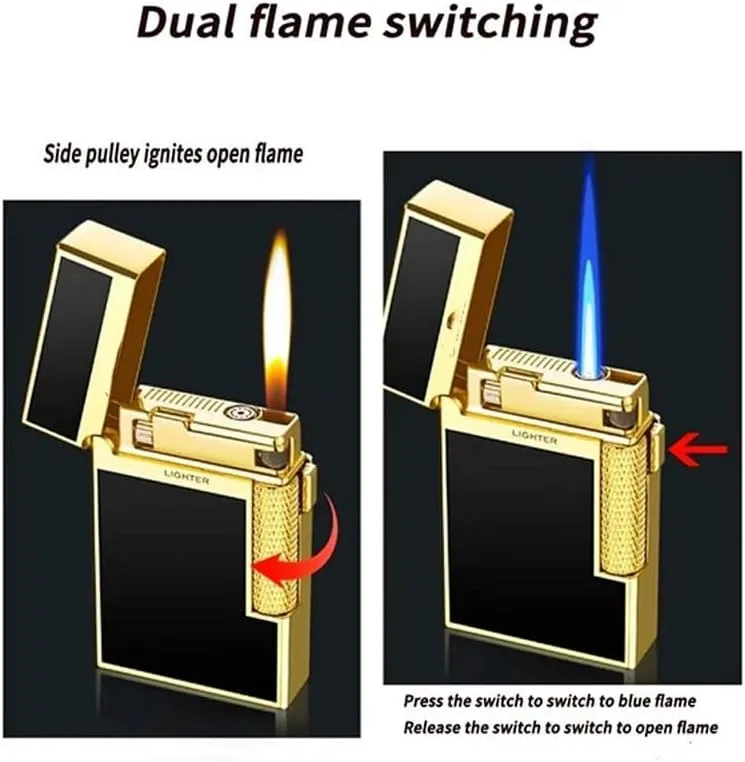 Dual Flame Butane Lighter, Open Flame Soft Flame, Windproof Jet Flame, Flint Side Slide Igniter Torch lighters Butane refillable Metal Lighter Cool Lighter Gift for Men Husband Father(Black d)