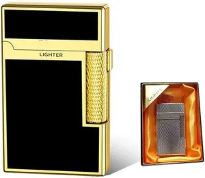 Dual Flame Butane Lighter, Open Flame Soft Flame, Windproof Jet Flame, Flint Side Slide Igniter Torch lighters Butane refillable Metal Lighter Cool Lighter Gift for Men Husband Father(Black d)