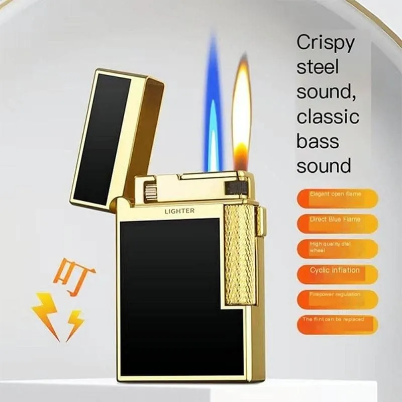 Dual Flame Butane Lighter, Open Flame Soft Flame, Windproof Jet Flame, Flint Side Slide Igniter Torch lighters Butane refillable Metal Lighter Cool Lighter Gift for Men Husband Father(Black d)