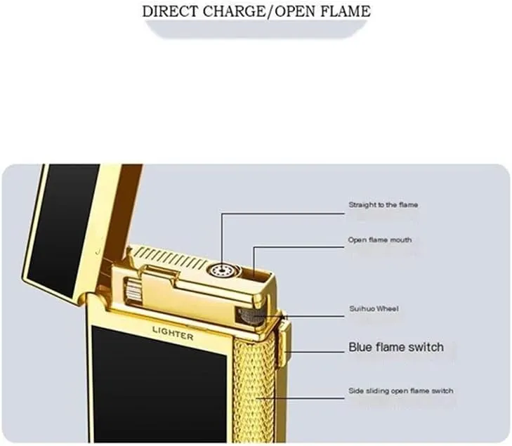 Dual Flame Butane Lighter, Open Flame Soft Flame, Windproof Jet Flame, Flint Side Slide Igniter Torch lighters Butane refillable Metal Lighter Cool Lighter Gift for Men Husband Father(Black d)