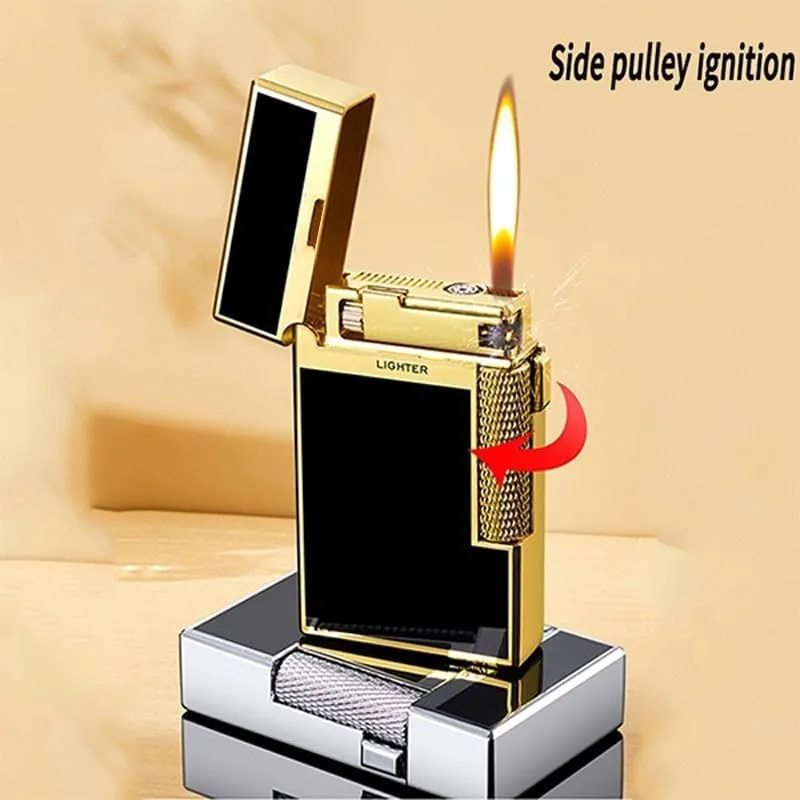 Dual Flame Butane Lighter, Open Flame Soft Flame, Windproof Jet Flame, Flint Side Slide Igniter Torch lighters Butane refillable Metal Lighter Cool Lighter Gift for Men Husband Father(Black d)