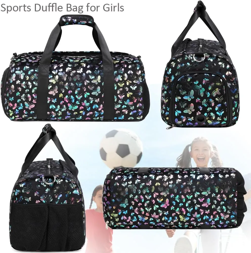 Duffle Bag for Girls Soft Fuzzy Butterfly Dance Bag for Girls Sports Gym Bag Ballet Bag Travel Duffle Bags with Shoes Compartment and Wet Pocket