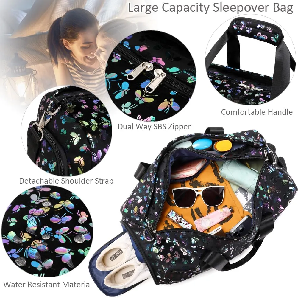 Duffle Bag for Girls Soft Fuzzy Butterfly Dance Bag for Girls Sports Gym Bag Ballet Bag Travel Duffle Bags with Shoes Compartment and Wet Pocket