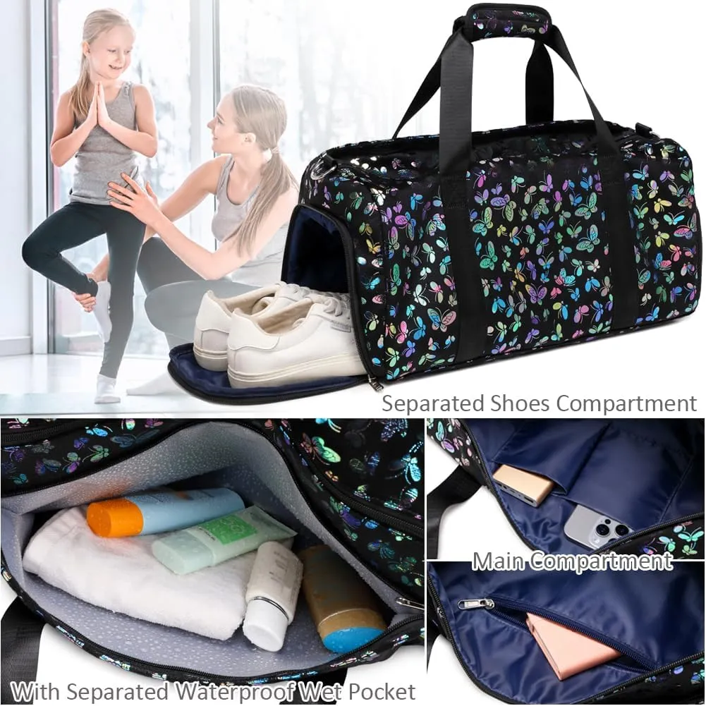 Duffle Bag for Girls Soft Fuzzy Butterfly Dance Bag for Girls Sports Gym Bag Ballet Bag Travel Duffle Bags with Shoes Compartment and Wet Pocket