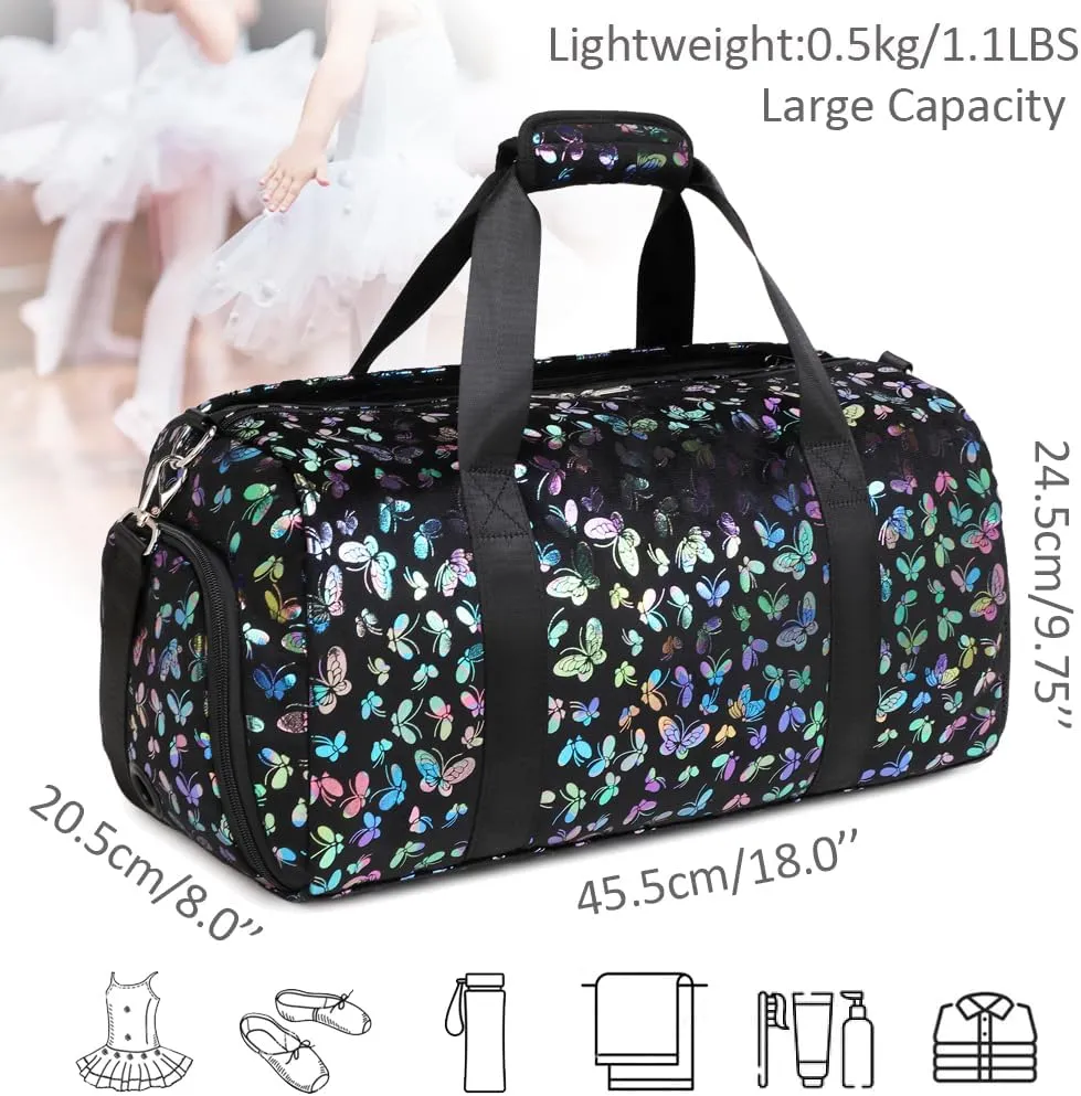 Duffle Bag for Girls Soft Fuzzy Butterfly Dance Bag for Girls Sports Gym Bag Ballet Bag Travel Duffle Bags with Shoes Compartment and Wet Pocket