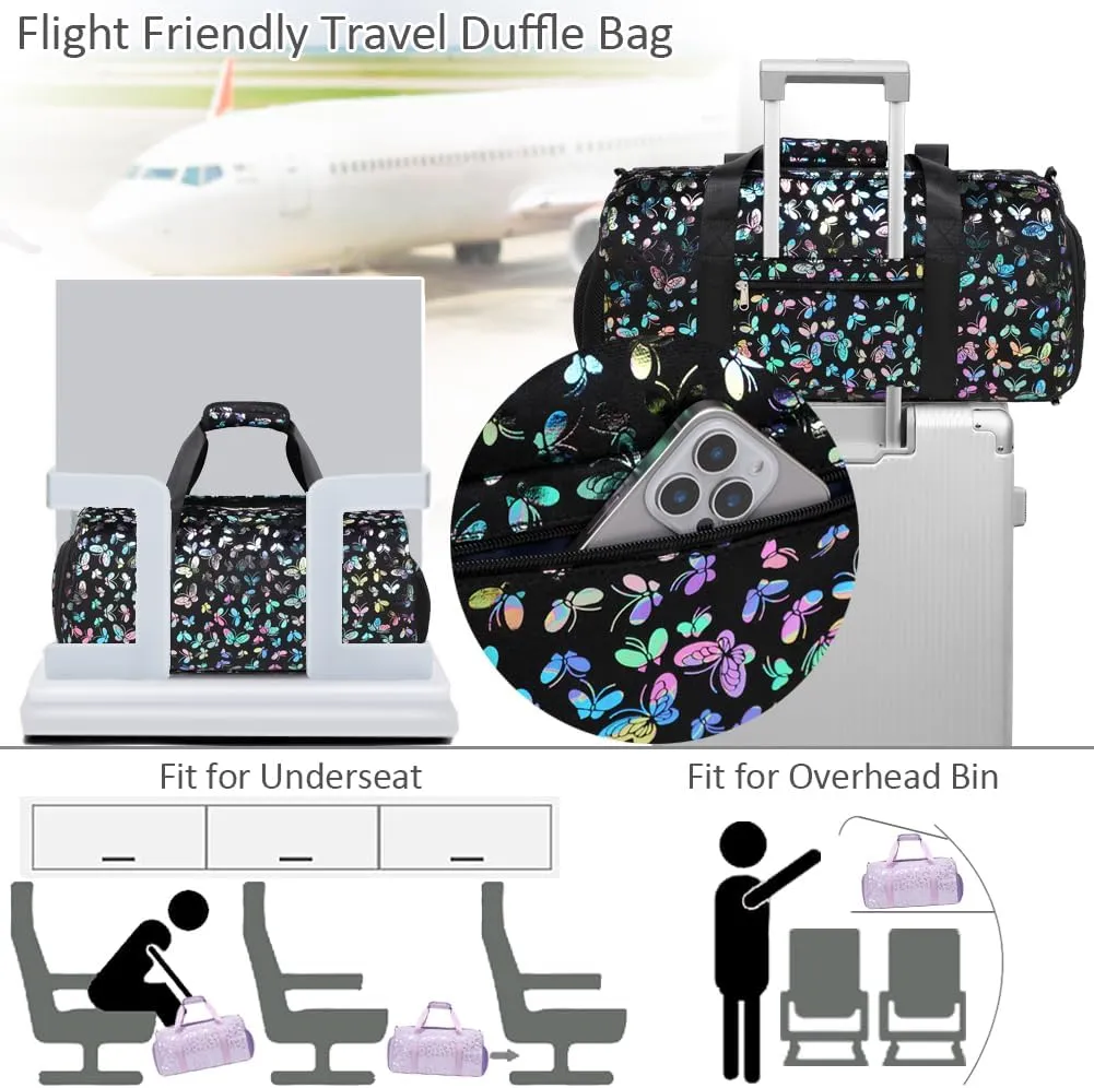 Duffle Bag for Girls Soft Fuzzy Butterfly Dance Bag for Girls Sports Gym Bag Ballet Bag Travel Duffle Bags with Shoes Compartment and Wet Pocket
