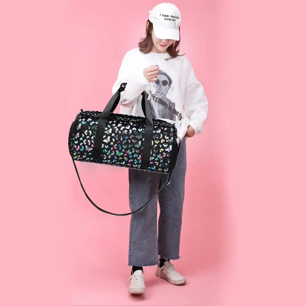Duffle Bag for Girls Soft Fuzzy Butterfly Dance Bag for Girls Sports Gym Bag Ballet Bag Travel Duffle Bags with Shoes Compartment and Wet Pocket