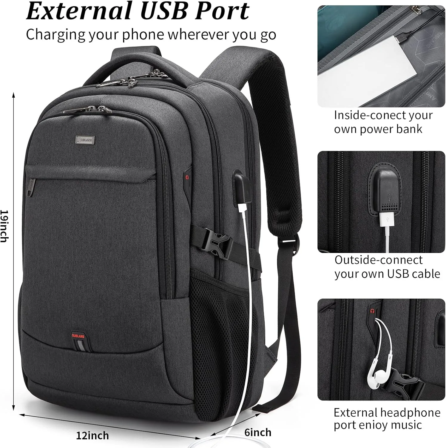 DUSLANG 17 Inch Laptop Backpack for Travel Water Resistant College Backpack for Men/Women Laptop Bag with USB Charging Port and clear Cosmetic Toiletry Bag, Black