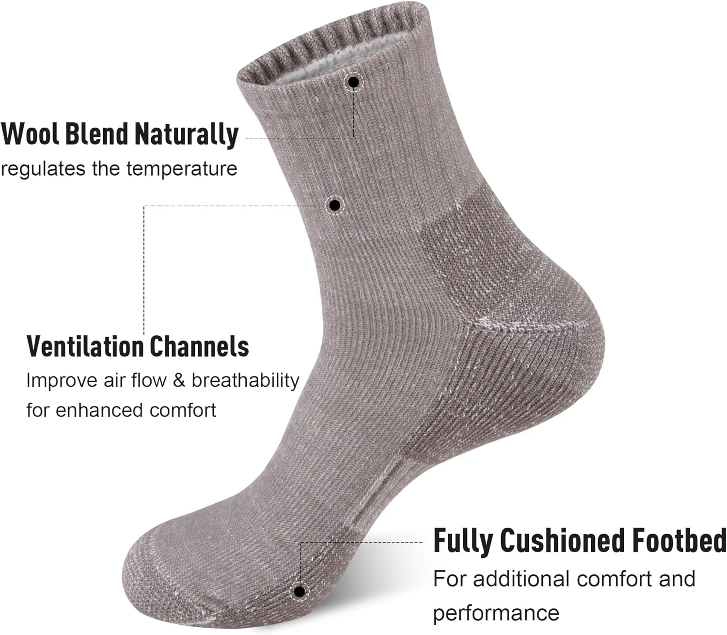 ECOEY Men's Merino Wool Cushioned Hiking Trekking Socks 4 Pairs, Quarter Length with Moisture Wicking