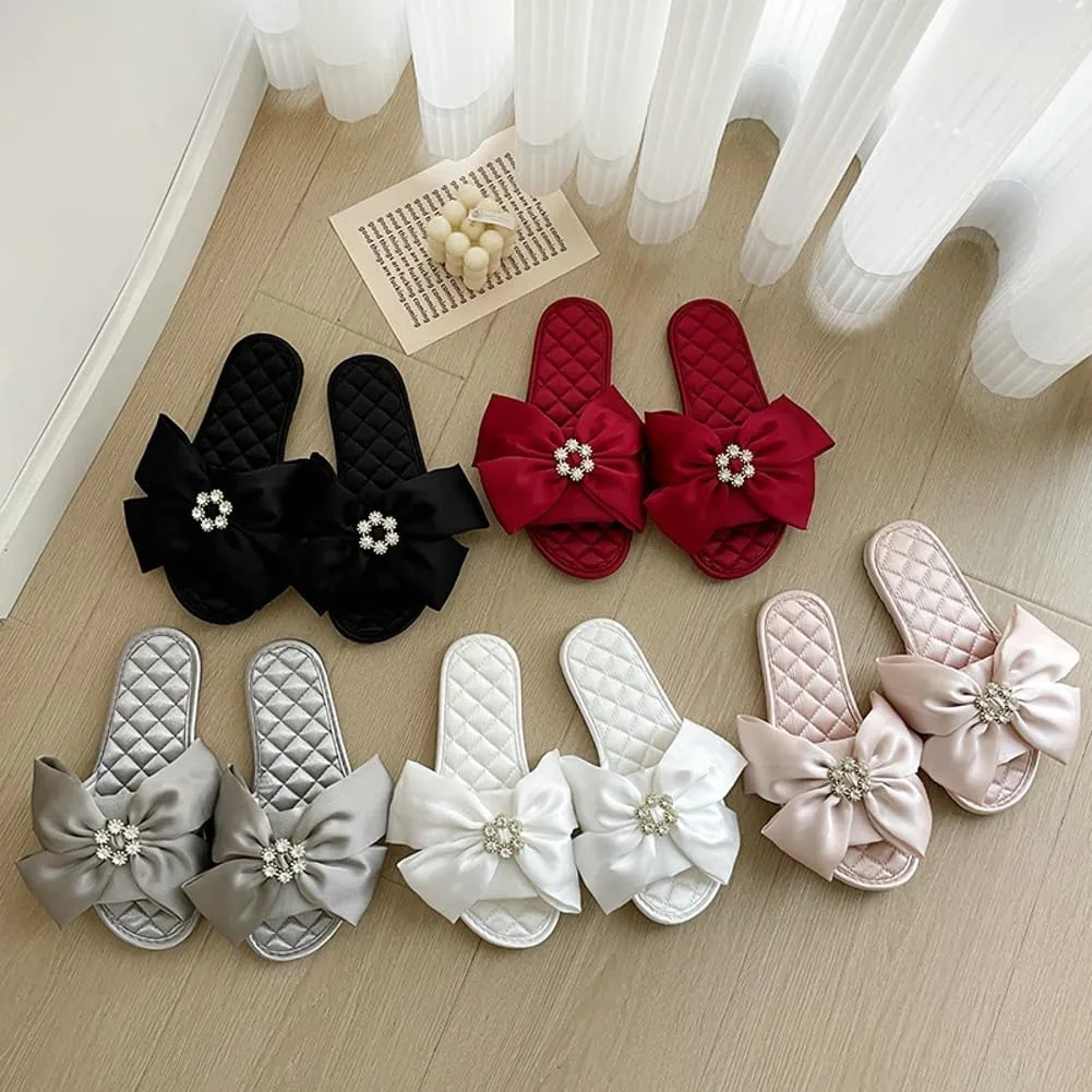 Elegant Satin Slippers for Women Indoor Outdoor Soft Slide Rhinestone Sandals Open Toe Slide Shoes House Shoes 2025